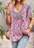 rRomildi Women's Bohemian Blouse Floral Printed Casual V-neck Top