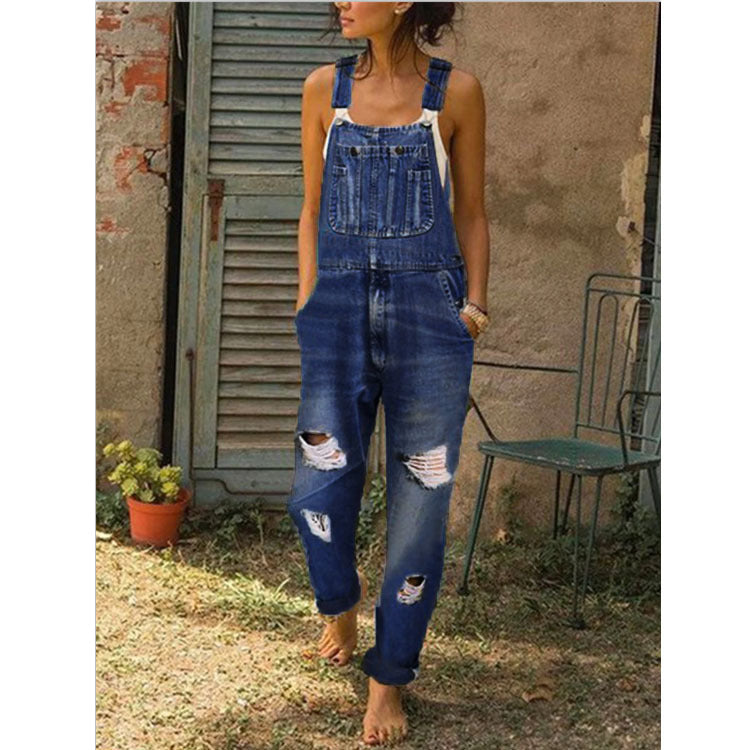 RomiLdi Casual Solid Ripped Slit Strap Sleeveless Regular Denim Jumpsuits with Front Pocket