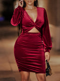 RomiLdi Women's Party Dress Solid Color V-Neck Warp Velvet Mini Dress