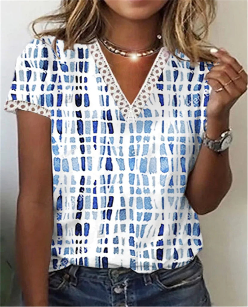 rRomildi Women's Lace Top Lace V-Neck Loose Blue Stripe Print Short Sleeve Tee T-Shirt