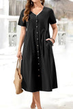 rRomildi Casual College Solid Pocket Buckle V Neck Short Sleeve Dress Dresses