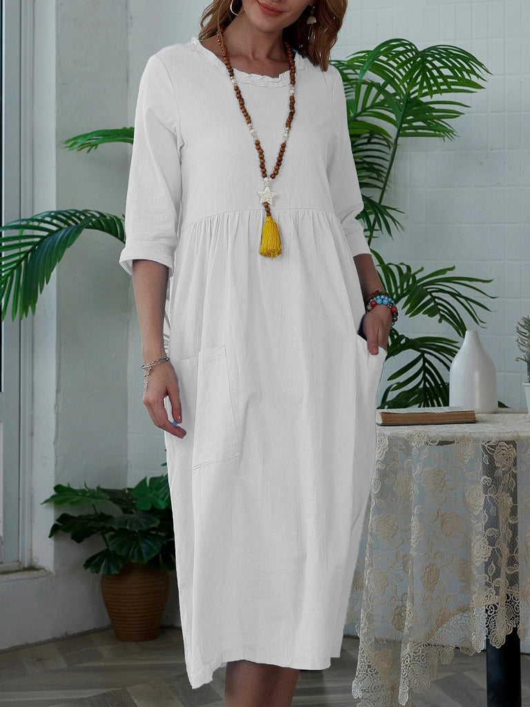 rRomildi Women's Cotton Linen Dress Crew Neck High Waist Mid Sleeve Solid Dress with Pocket