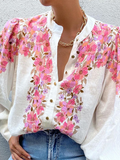 RomiLdi Women's Cotton Linen Shirt Stand Collar Floral Print  Loose Puff Long Sleee Blouse