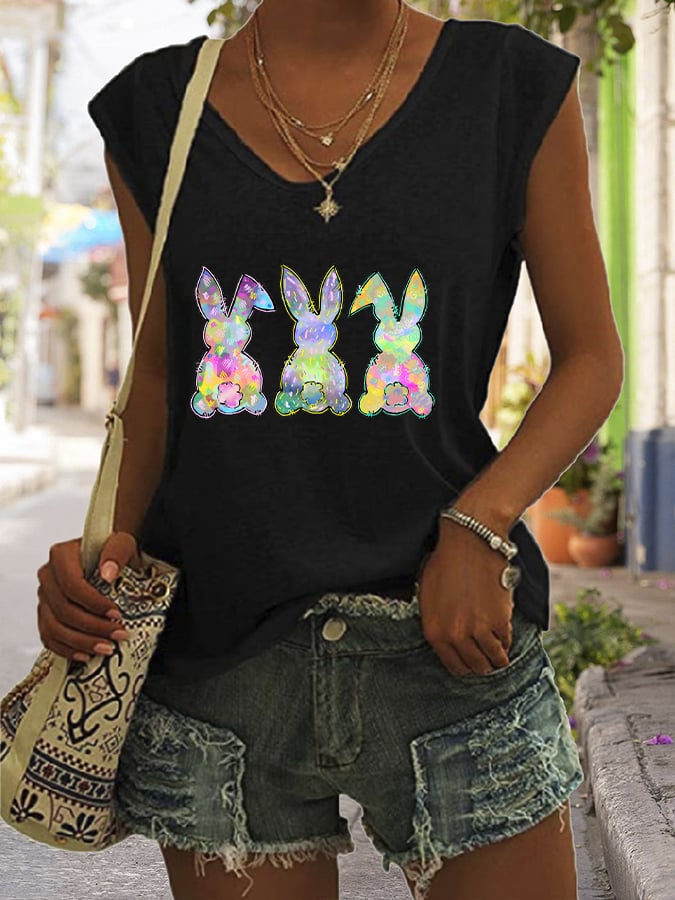 RomiLdi Women's Easter Bunny Print Sleeveless T-Shirt