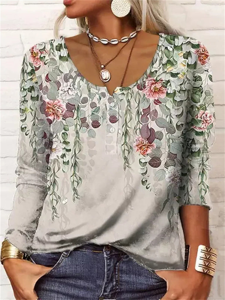 RomiLdi Women's Floral Printed U Collar Long Sleeve T-Shirt Top