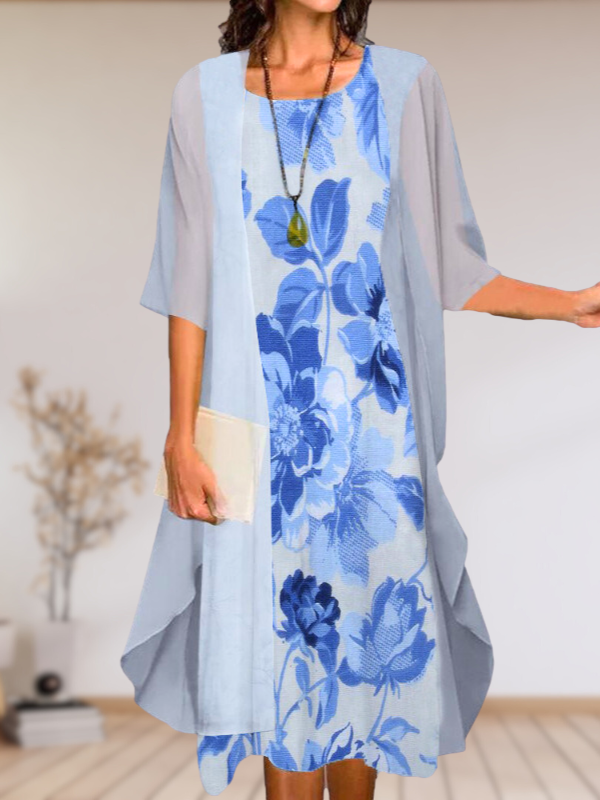 rRomildi Women's 2 Piece Set Floral Print Crew Neck Sleeveless Midi Dress and Lightweight Open Cover Top Suit