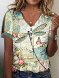 rRomildi Women's Dragonfly Print T-Shirt Short Sleeve V-Neck Tops
