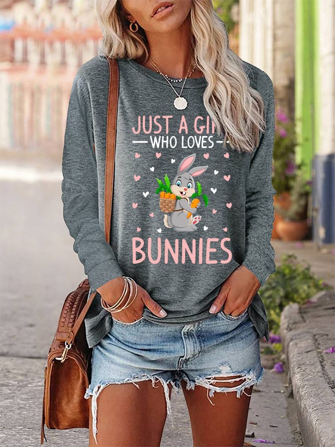 RomiLdi Women's Easter Just A Girl Who Loves Bunnies Printed Long-Sleeve T-Shirt