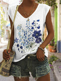 rRomildi Blue Flowers Botanical Art V Neck Tank Top