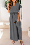 rRomildi Casual Solid With Belt V Neck Waist Skirt Short Sleeve Dress