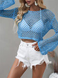 rRomildi Women's Summer Knitted Crop Top Bell Sleeve Loose Crew Neck Hollow out Knitted Sweater