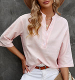 rRomildi Women's Solid Cotton Linen Blouse Casual V-Neck Pullover Linen Shirt