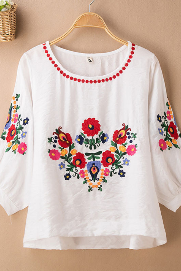 RomiLdi Embroidery Floral Blouse for Women Crew Neck Mid Sleeve Cotton Linen Blouse