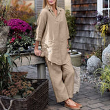 RomiLdi Cotton linen lapel long-sleeved shirt elastic waist trousers two-piece set