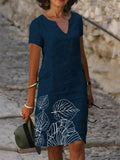 rRomildi Women's Dress Cotton Linen Floral Print V-Neck A Line Midi Dress