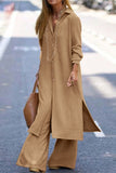 rRomildi Casual Solid Buttons Turndown Collar Long Sleeve Two Pieces