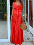 RomiLdi V-neck Sleeveless Belt Spaghetti Strap Maternity Maxi Dress Holiday Dress