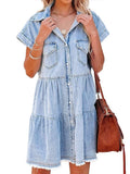 rRomildi Women's Denim Dress Lapel Front Pocket A Line Dress