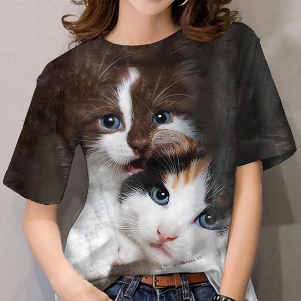 rRomildi Women's Cute Cat Print T-Shirt Crew Neck Short Sleeve 3D Cat Animal Print Tee