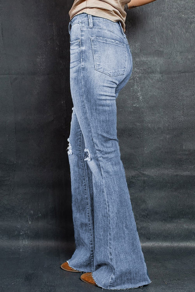 rRomildi Women's Street Denim Jeans Distressed Raw Hem Flare Jeans