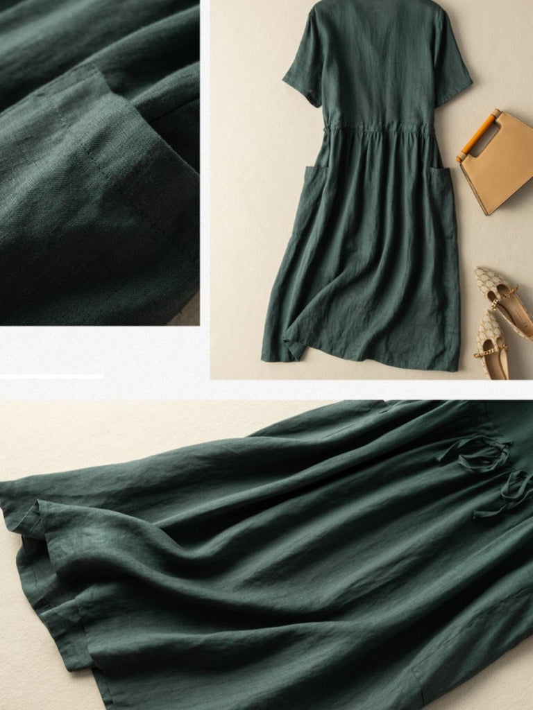 rRomildi Women's Linen Dress V-Neck High Waist Midi Dress with Pocket