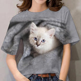 rRomildi Women's Cute Cat Print T-Shirt Crew Neck Short Sleeve 3D Cat Full Print Tee Top