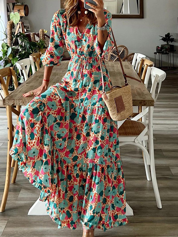 RomiLdi Womem's Floral Dress V-Neck Long Sleeve A-Line Swing Maxi Boho Dress