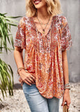 rRomildi Women's Bohemian Blouse Floral Printed Casual V-neck Top