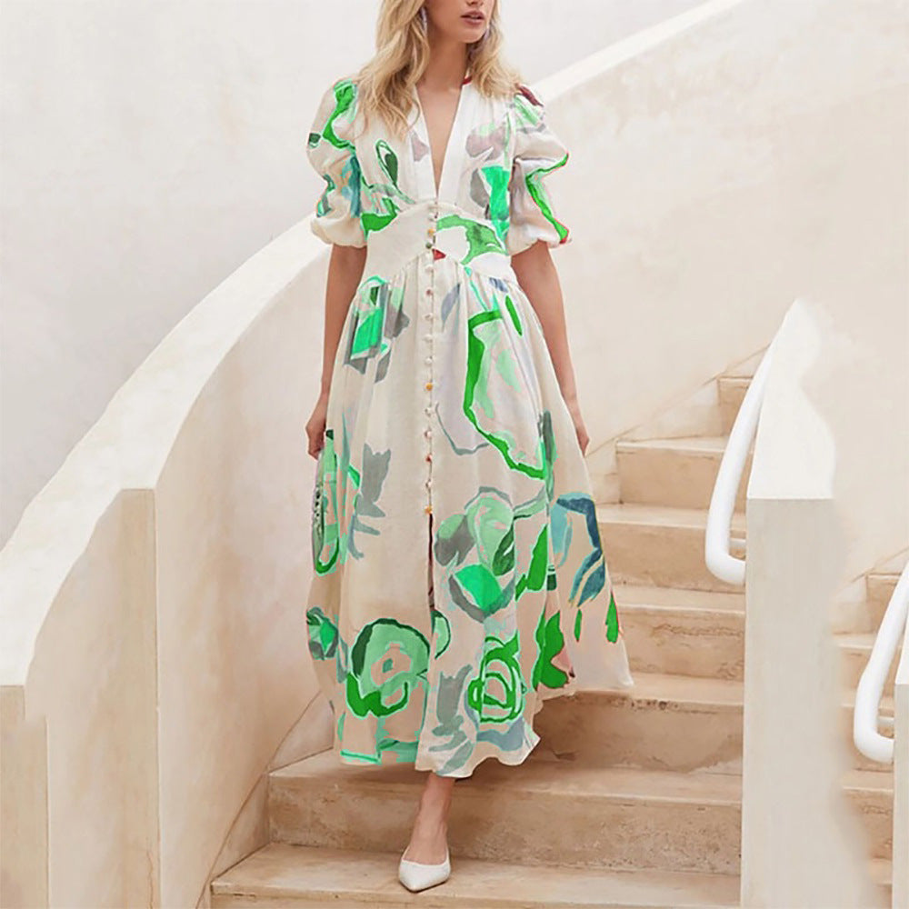 RomiLdi 2023 Spring Summer Casual Women Dresses V-Neck  A-LINE Puff Sleeve Printing Holiday Lady Dress