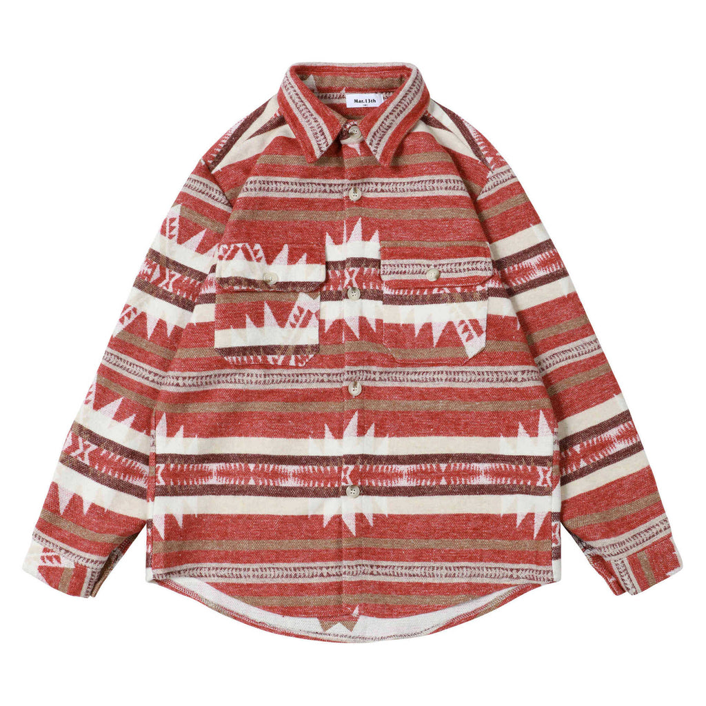 RomiLdi Men's Red Aztec Geometric Jacket West Cowboy Style Western Woolen Shirt Jacket Coat