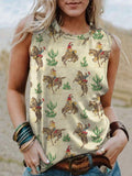 rRomildi Women's Western Vintage Pattern Printed Round Neck Sleeveless T-Shirt