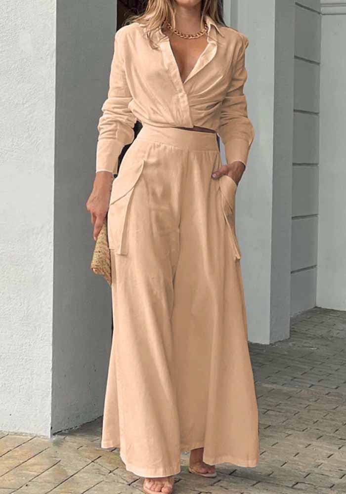 RomiLdi Women's Casual Solid Color Cropped Long Sleeve Shirt High Waist Wide Leg Pants Two Piece Set