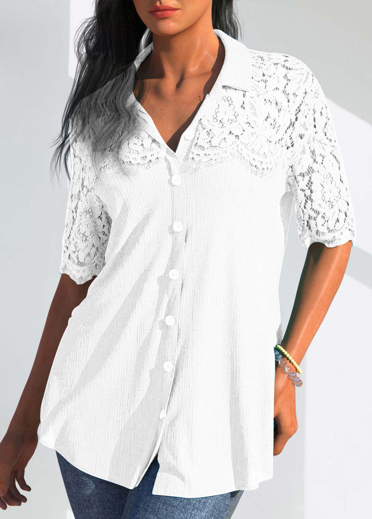 rRomildi Women's Lady Shirt Lace Mid Sleeve Solid Color Blouse