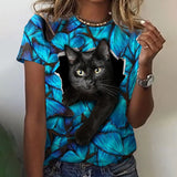 rRomildi Women's Cute Cat Print T-Shirt Crew Neck Short Sleeve 3D Cat Casual Tee
