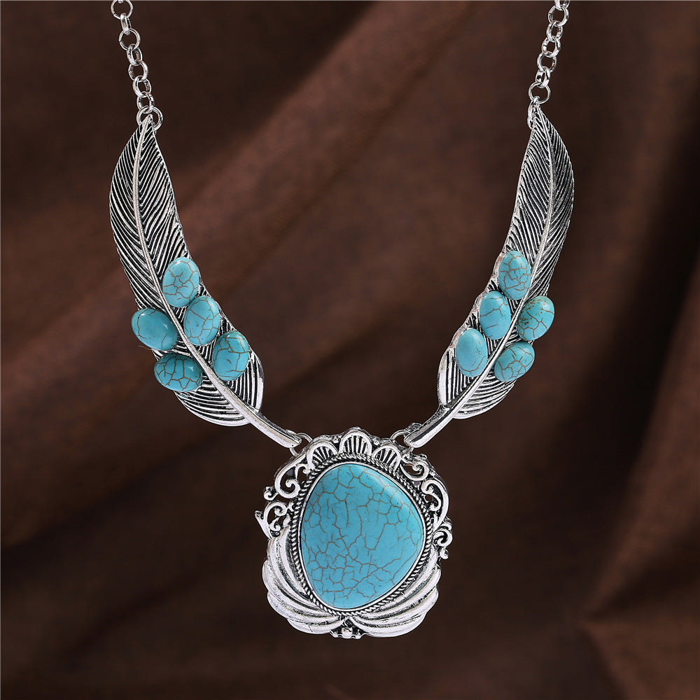 rRomildi Turquoise Pendant Feather Necklace Western Style Tribal Necklace