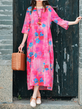 rRomildi Women's Cotton Linen Dress Floral Print Spring Summer Dress Mid-Sleeve Loose Linen Dress