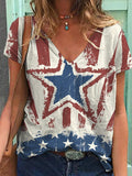 rRomildi Women's Flag Top American Flag Print Short Sleeve V-Neck T-Shirt
