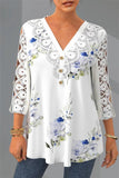 rRomildi Women's Floral Blouse Lace Sleeve V-Neck Elegant Shirt