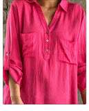 rRomildi Women's Cotton Linen Shirt V-Neck Linen Blouse with Front Pocket