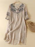 rRomildi Women's Cotton Linen Dress Tribal Embroidery Floral V-Neck Linen Dress