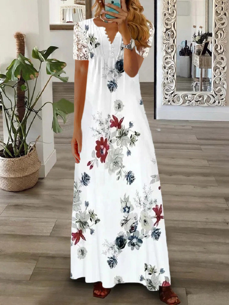 rRomildi Women's Vacation Dress V-Neck Lace Short Sleeve Long Maxi Floral Summer Dress