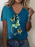 rRomildi Women's Blue Butterfly Print Top V-Neck Short Sleeve T-Shirts