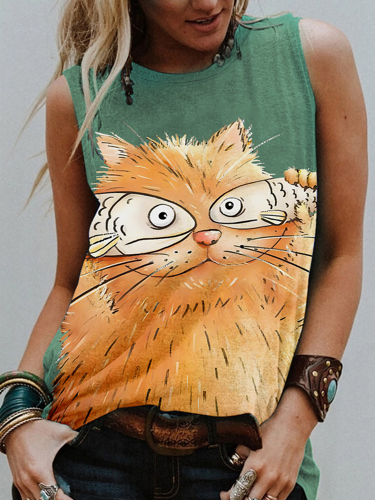 rRomildi Women's Cat Lover Vest Shirt, The Coffee Cat With Fish Cover The  Eyes Sleeveless Shirt