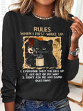 RomiLdi Women Black Cat Rules Cotton-Blend Simple Long Sleeve Tops