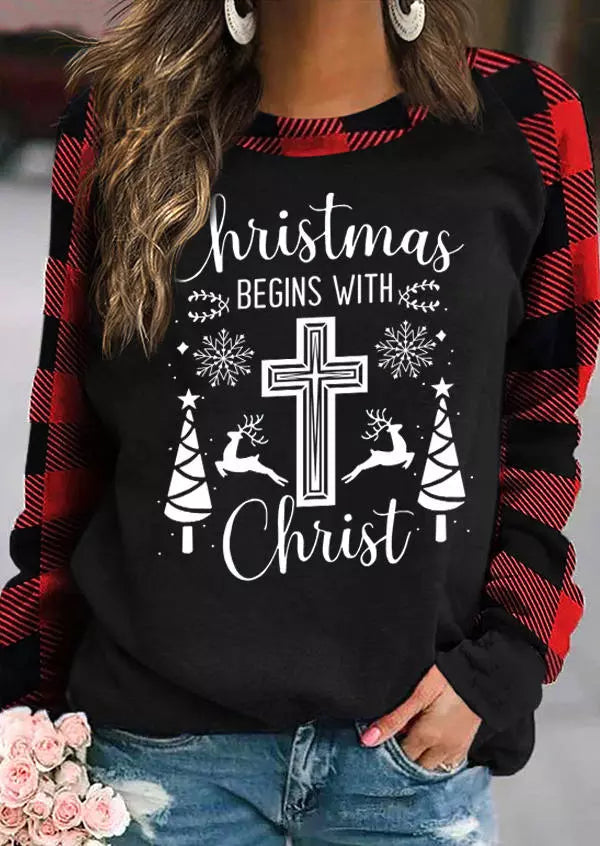 RomiLdi Women's Jesus Christmas Begins With Christ Cross Plaid Sweatshirt