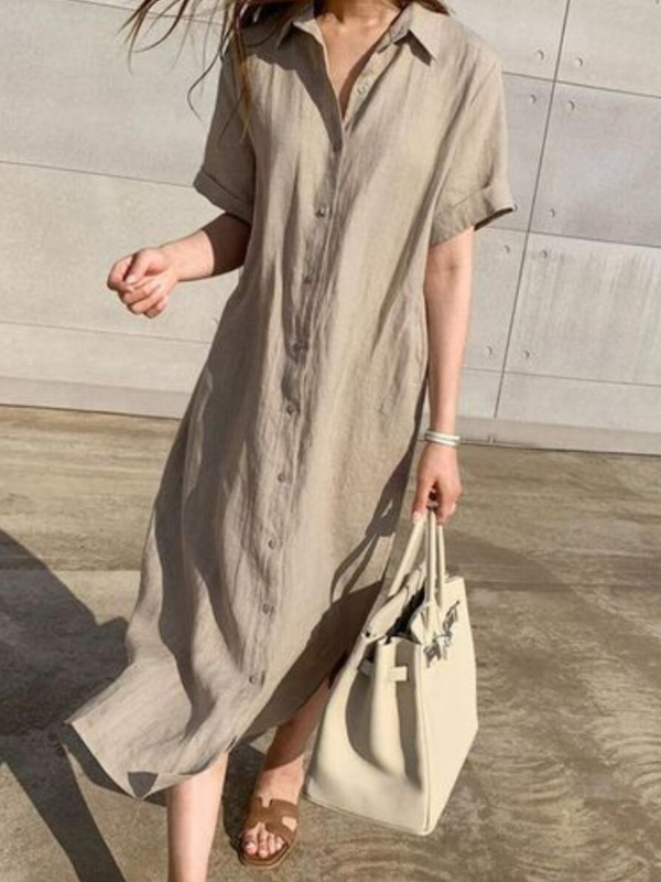 rRomildi Women's Linen Dress Minimalist Style Lapel Single-Breasted Shirt Dresses