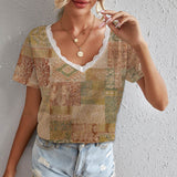 rRomildi Women's Ethnic Vintage Retro Print T-Shirt Lace V-Neck Casual Tee