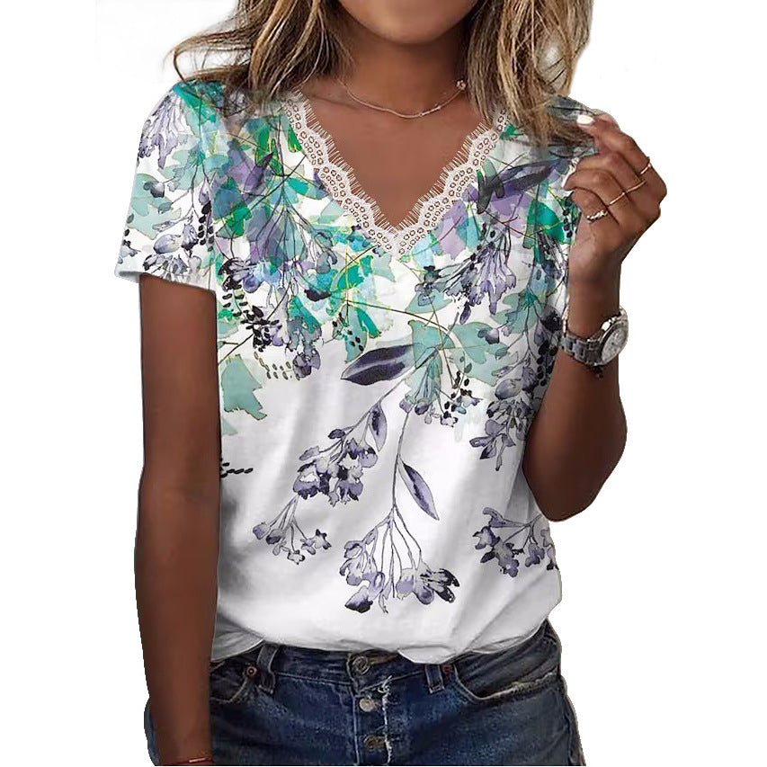 RomiLdi Women's T-Shirt Lace V-Neck Floral Print Spring Outfits