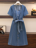 rRomildi Women's Plus Size Denim Dresses U-Neck A Line Single-Breasted Denim Dress