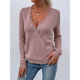 RomiLdi Women's Lace V-Neck Knitted Pullover Sweater Top Solid Color Sweater
